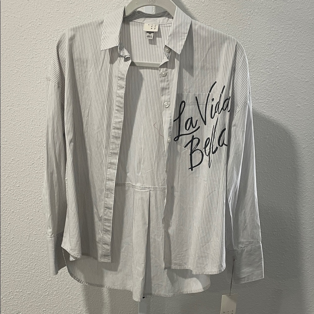 a new day White and Black Pinstriped Button-Up Shirt with 'La Vida Bella' Script